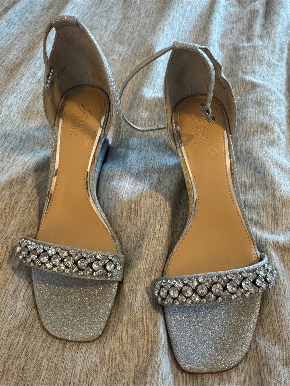 Badgley Mischka Silver Glitter Ankle-Strap Heels with Crystal Band